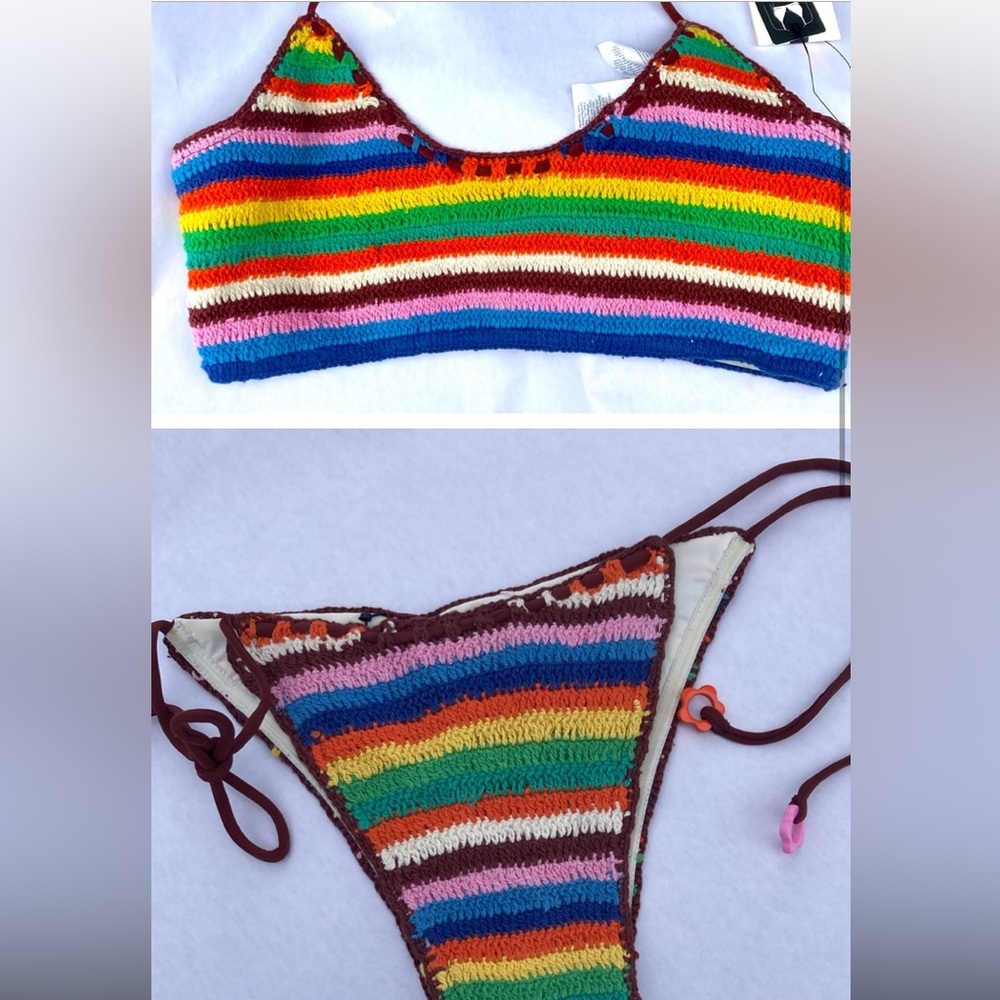 🌈 Rip curl sunset surf crochet halter crop bikini top skimpy bottoms S